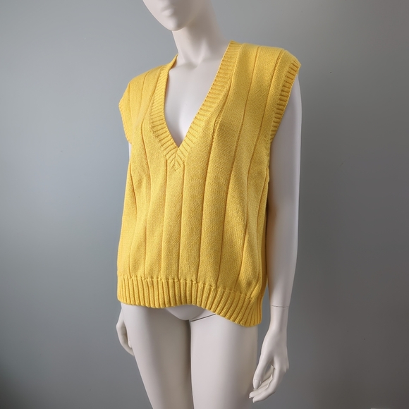 Rare! Vintage 90s Liz Claiborne Lemon Yellow Cotton Ribbed V Neck Sweater Vest L - Picture 3 of 6